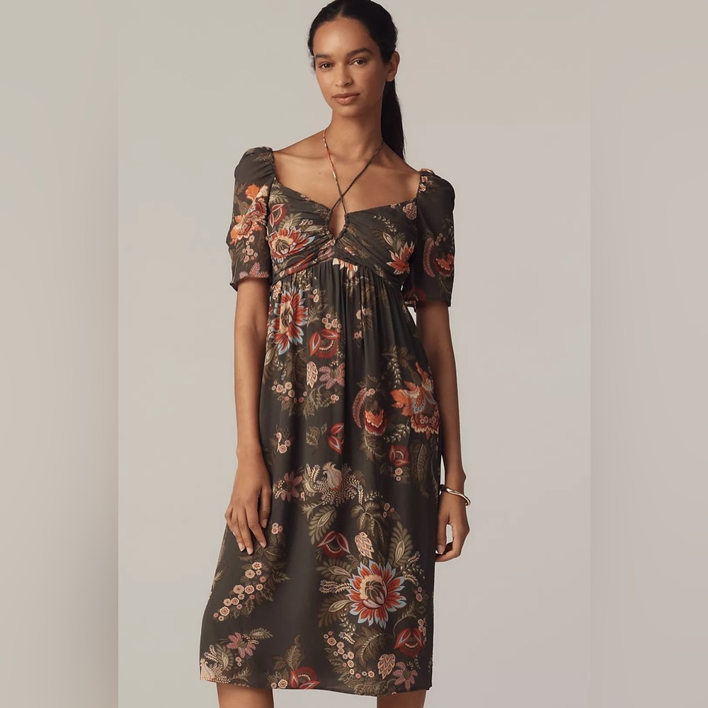 Farm Rio Long-Sleeve Halter Midi Dress